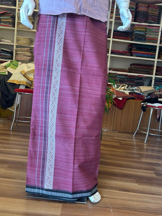 12% Discount!!! Kaitharikada Pure Cotton - Single Kaily / Lungi -  3.5 inch printed kara with White+Black & Grape Wine colour body Kuppadam Border (2 meter / 4 muzham) - 12KK8007AS