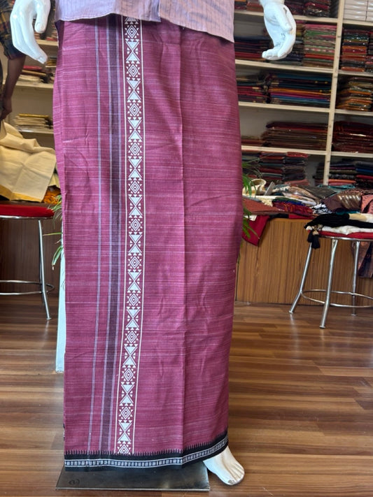 12% Discount!!! Kaitharikada Pure Cotton - Single Kaily / Lungi -  3.75 inch printed kara with White+Black & Grape Wine colour body Kuppadam Border (2 meter / 4 muzham) - 11KK8007AS