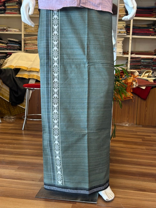 12% Discount!!! Kaitharikada Pure Cotton - Single Kaily / Lungi -  3.25 inch printed kara with White+Black & Dark Olive Green colour body Kuppadam Border (2 metre / 4 muzham) - 9KK8007AS