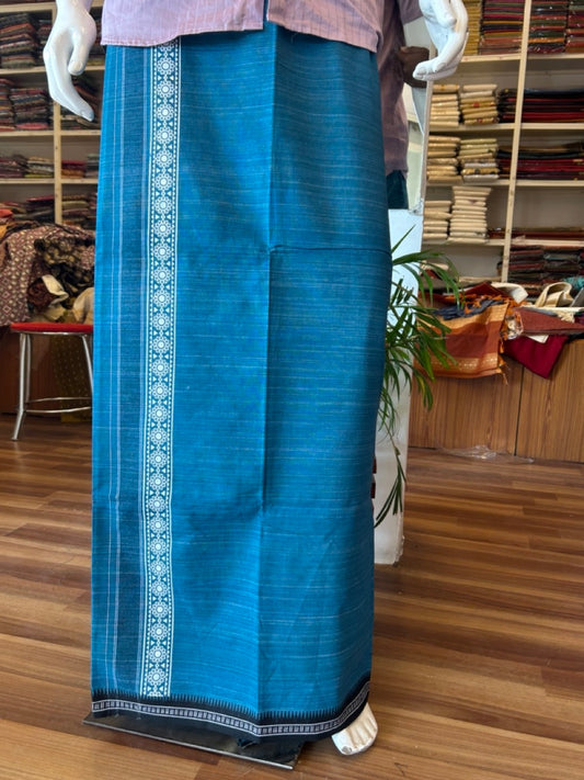 12% Discount!!! Kaitharikada Pure Cotton - Single Kaily / Lungi - 3.5 inch printed kara with White+Black & Peacock blue colour body Kuppadam Border (2 metre / 4 muzham) - 6KK8007AS