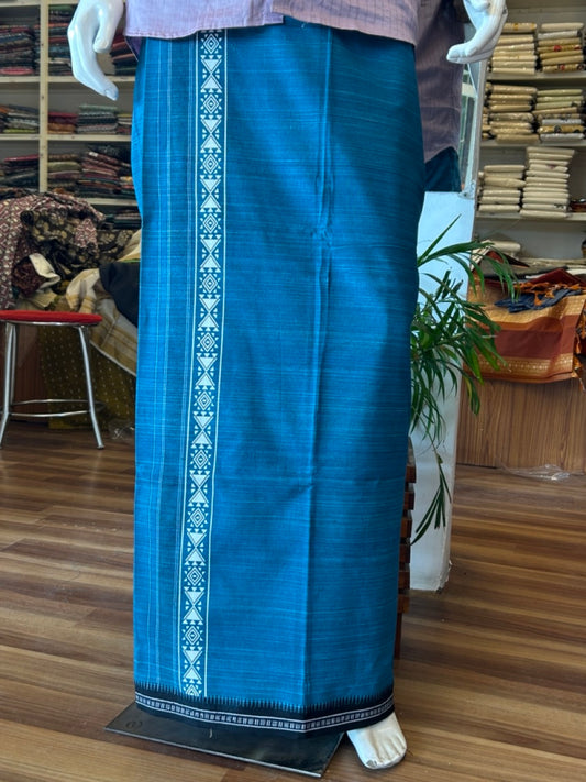 12% Discount!!! Kaitharikada Pure Cotton - Single Kaily / Lungi - 3.5 inch printed kara with White+Black & Peacock blue colour body Kuppadam Border (2 metre / 4 muzham) - 4KK8007AS