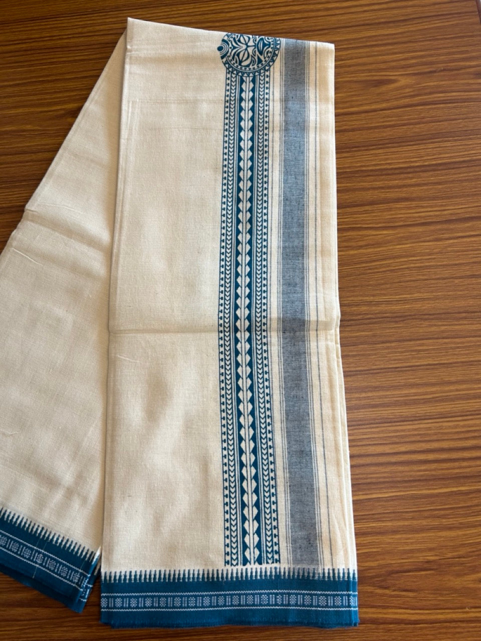 12% Discount !! Kaitharikada Pure Cotton Single OFF WHITE - (Unbleached) Kaily / Lungi - 4 inch Peacock Blue Striped Printed kara Kuppadam Border with OFF WHITE colour body (2 meter / 4 muzham)- 13KK8008AS