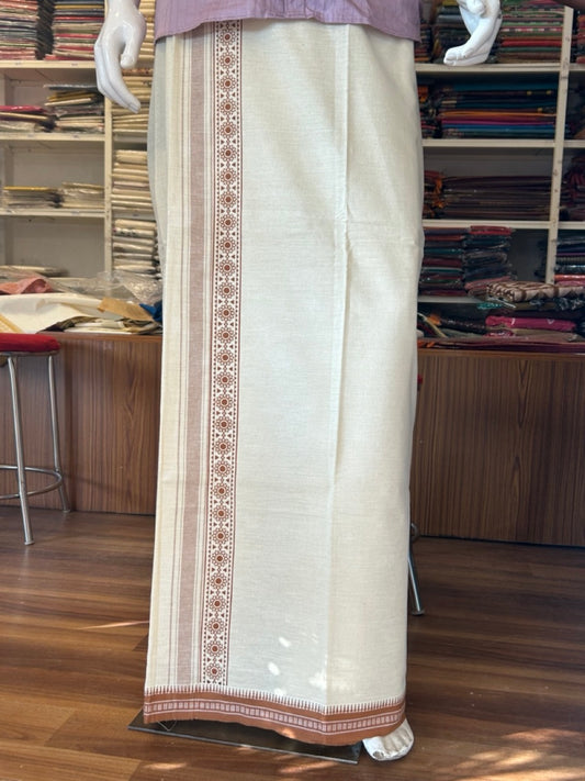 12% Discount !! Kaitharikada Pure Cotton Single OFF WHITE - (Unbleached) Kaily / Lungi - 3 inch Walnut Brown Striped Printed kara Kuppadam Border with OFF WHITE colour body (2 meter / 4 muzham)- 18KK8008AS