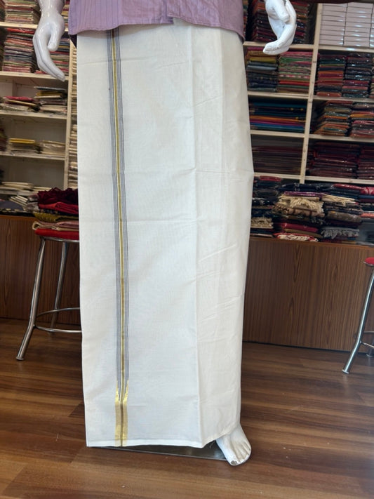 SHORT DHOTI SPECIAL! Kaitharikada.com - 26% Discount! Balaramapuram Double Off white - (Unbleached) Mundu/Dhoti - 100X100 - 1 inch Kara & 46 inches Height Puliyilakkara Chutty Gold Kasavu & Black Striped Design Kara - 2KK5090ASH