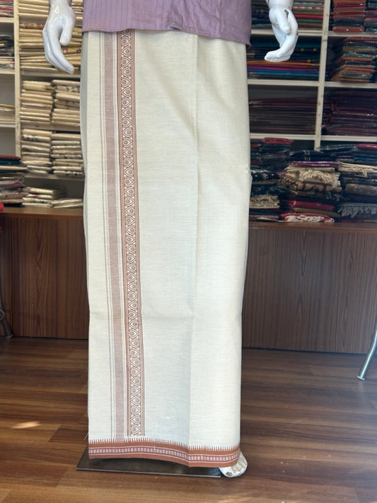 12% Discount !! Kaitharikada Pure Cotton Single OFF WHITE - (Unbleached) Kaily / Lungi - 3 inch Walnut Brown Striped Printed kara Kuppadam Border with OFF WHITE colour body (2 meter / 4 muzham)- 15KK8008AS