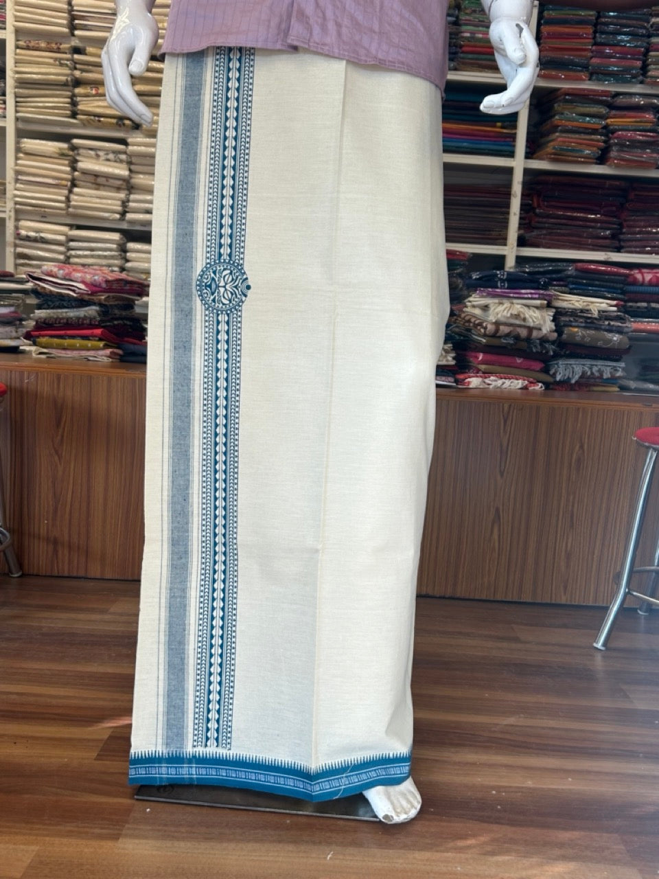 12% Discount !! Kaitharikada Pure Cotton Single OFF WHITE - (Unbleached) Kaily / Lungi - 4 inch Peacock Blue Striped Printed kara Kuppadam Border with OFF WHITE colour body (2 meter / 4 muzham)- 13KK8008AS