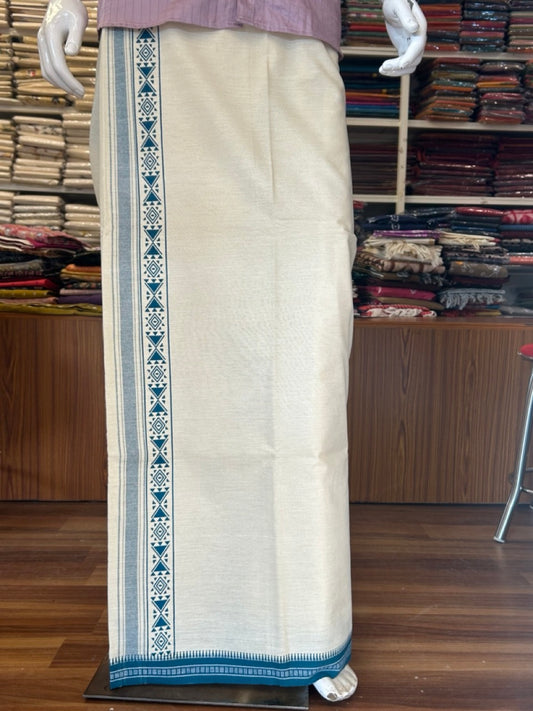 12% Discount !! Kaitharikada Pure Cotton Single OFF WHITE - (Unbleached) Kaily / Lungi - 3 inch Peacock Blue Striped Printed kara Kuppadam Border with OFF WHITE colour body (2 meter / 4 muzham)- 12KK8008AS