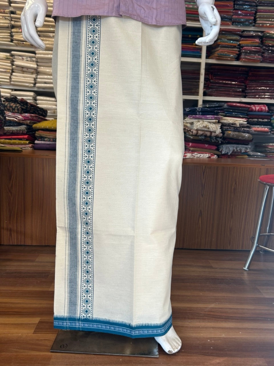 12% Discount !! Kaitharikada Pure Cotton Single OFF WHITE - (Unbleached) Kaily / Lungi - 3.5 inch Peacock Blue Striped Printed kara Kuppadam Border with OFF WHITE colour body (2 meter / 4 muzham)- 11KK8008AS