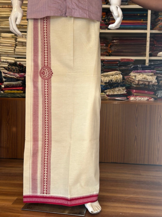 12% Discount !! Kaitharikada Pure Cotton Single OFF WHITE - (Unbleached) Kaily / Lungi - 4 inch Magenta Red Striped Printed kara Kuppadam Border with OFF WHITE colour body (2 meter / 4 muzham)- 10KK8008AS