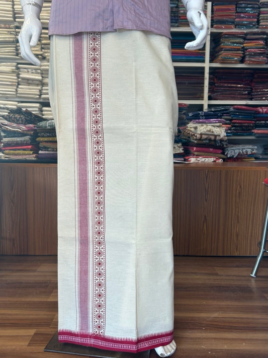 12% Discount !! Kaitharikada Pure Cotton Single OFF WHITE - (Unbleached) Kaily / Lungi - 3.5 inch Magenta Red Striped Printed kara Kuppadam Border with OFF WHITE colour body (2 meter / 4 muzham)- 9KK8008AS