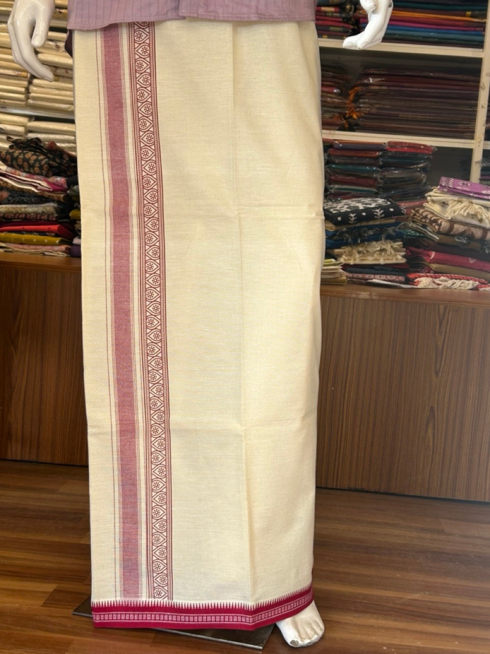 12% Discount !! Kaitharikada Pure Cotton Single OFF WHITE - (Unbleached) Kaily / Lungi - 3.5 inch Magenta Red Striped Printed kara Kuppadam Border with OFF WHITE  colour body (2 meter / 4 muzham)- 8KK8008AS