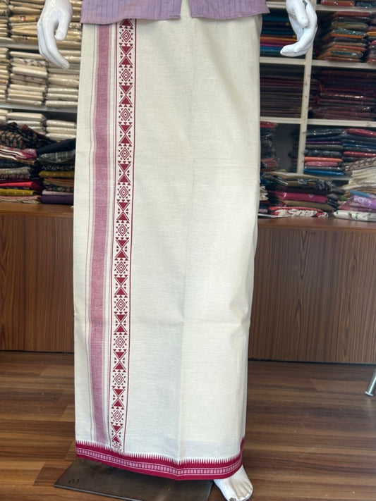 12% Discount !! Kaitharikada Pure Cotton Single OFF WHITE - (Unbleached) Kaily / Lungi - 3.75 inch Magenta Red Striped Printed kara Kuppadam Border with OFF WHITE colour body (2 meter / 4 muzham)- 7KK8008AS