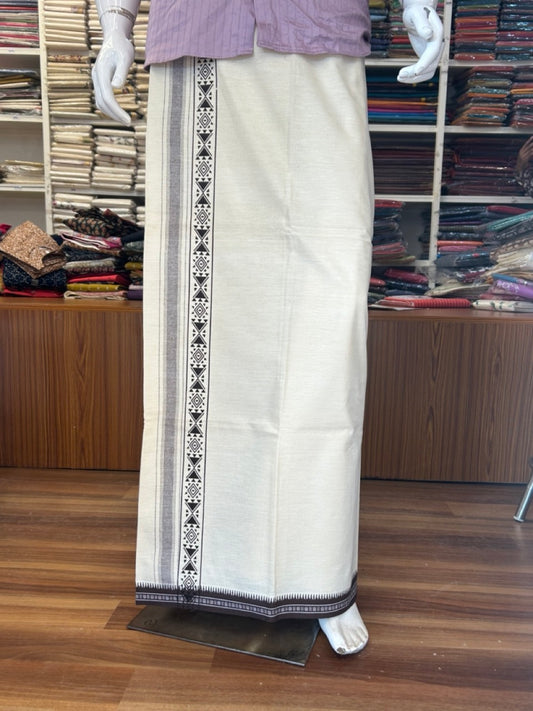 12% Discount !! Kaitharikada Pure Cotton Single OFF WHITE - (Unbleached) Kaily / Lungi - 3 inch Chocolate Brown Striped Printed kara Kuppadam Border with OFF WHITE colour body (2 meter / 4 muzham)- 4KK8008AS