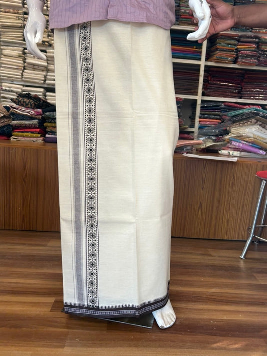 12% Discount !! Kaitharikada Pure Cotton Single OFF WHITE - (Unbleached) Kaily / Lungi - 3.25 inch Chocolate Brown Striped Printed kara Kuppadam Border with OFF WHITE colour body (2 meter / 4 muzham)- 3KK8008AS