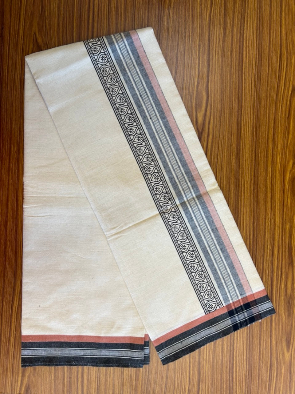 12% Discount !! Kaitharikada Pure Cotton Single OFF WHITE - (Unbleached) Kaily / Lungi - 4 inch Printed Black & Brownish Orange Striped Kuppadam kara with OFF WHITE colour body (2 meter / 4 muzham) - 6KK8009AS