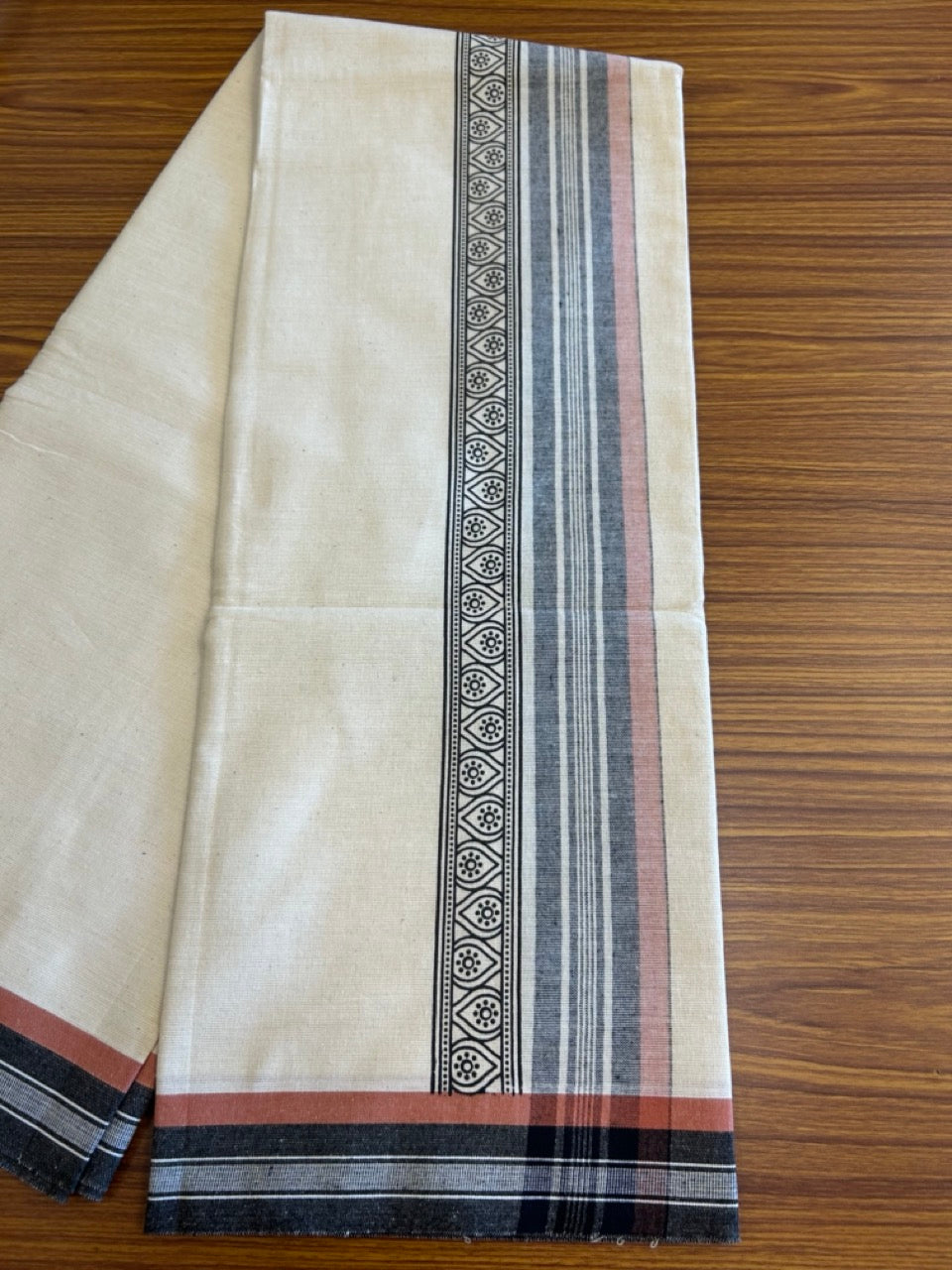 12% Discount !! Kaitharikada Pure Cotton Single OFF WHITE - (Unbleached) Kaily / Lungi - 4 inch Printed Black & Brownish Orange Striped Kuppadam kara with OFF WHITE colour body (2 meter / 4 muzham) - 6KK8009AS