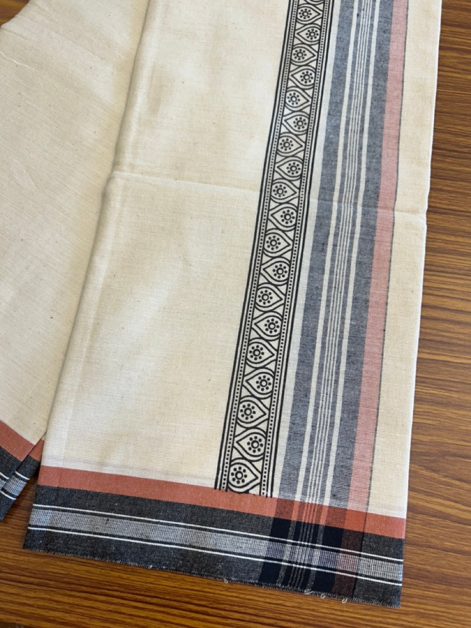 12% Discount !! Kaitharikada Pure Cotton Single OFF WHITE - (Unbleached) Kaily / Lungi - 4 inch Printed Black & Brownish Orange Striped Kuppadam kara with OFF WHITE colour body (2 meter / 4 muzham) - 6KK8009AS