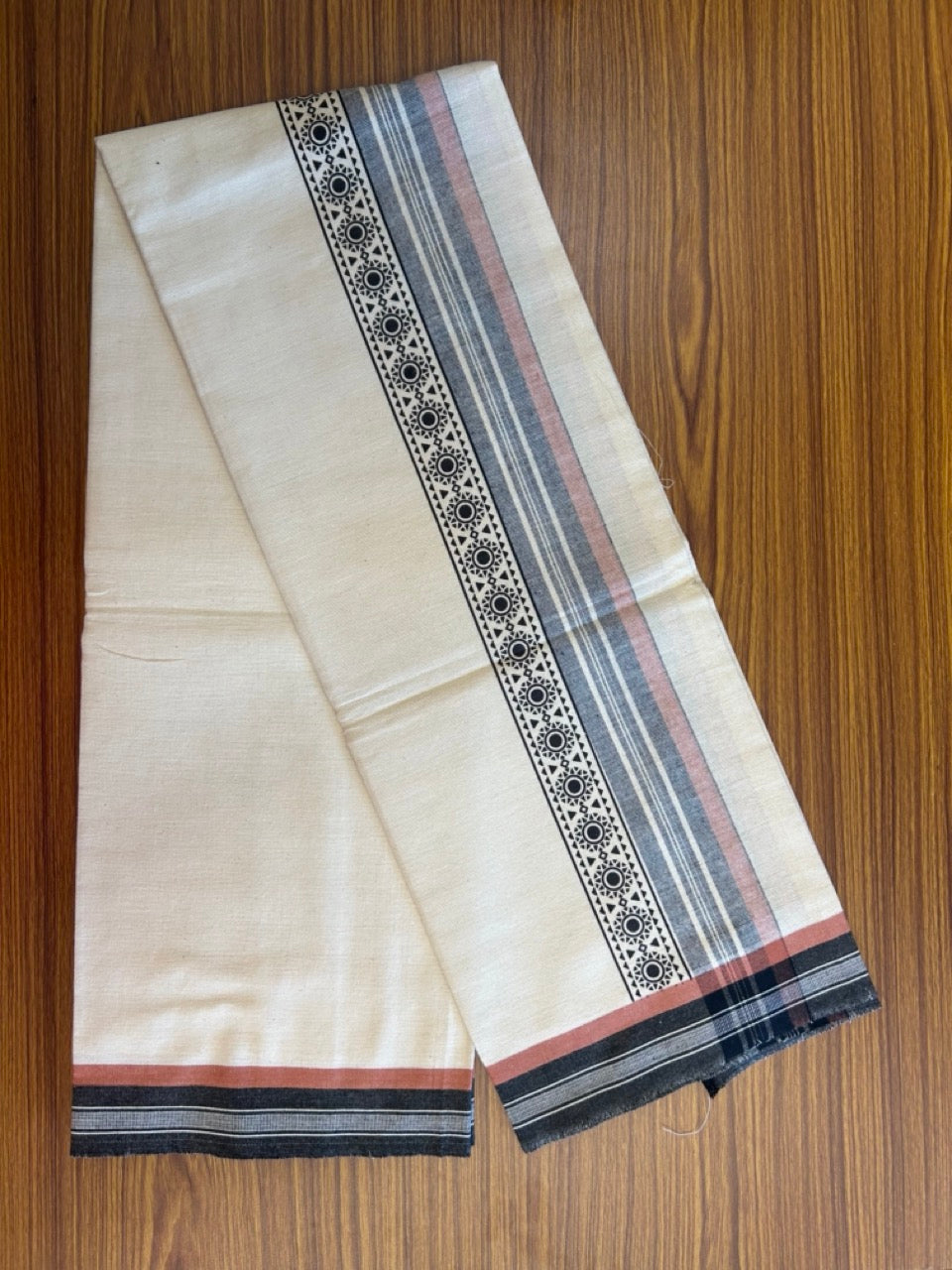 12% Discount !! Kaitharikada Pure Cotton Single OFF WHITE - (Unbleached) Kaily / Lungi - 4 inch Printed Black & Brownish Orange Striped Kuppadam kara with OFF WHITE colour body (2 meter / 4 muzham) - 5KK8009AS