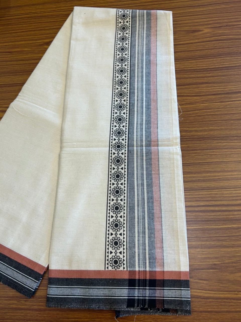 12% Discount !! Kaitharikada Pure Cotton Single OFF WHITE - (Unbleached) Kaily / Lungi - 4 inch Printed Black & Brownish Orange Striped Kuppadam kara with OFF WHITE colour body (2 meter / 4 muzham) - 5KK8009AS