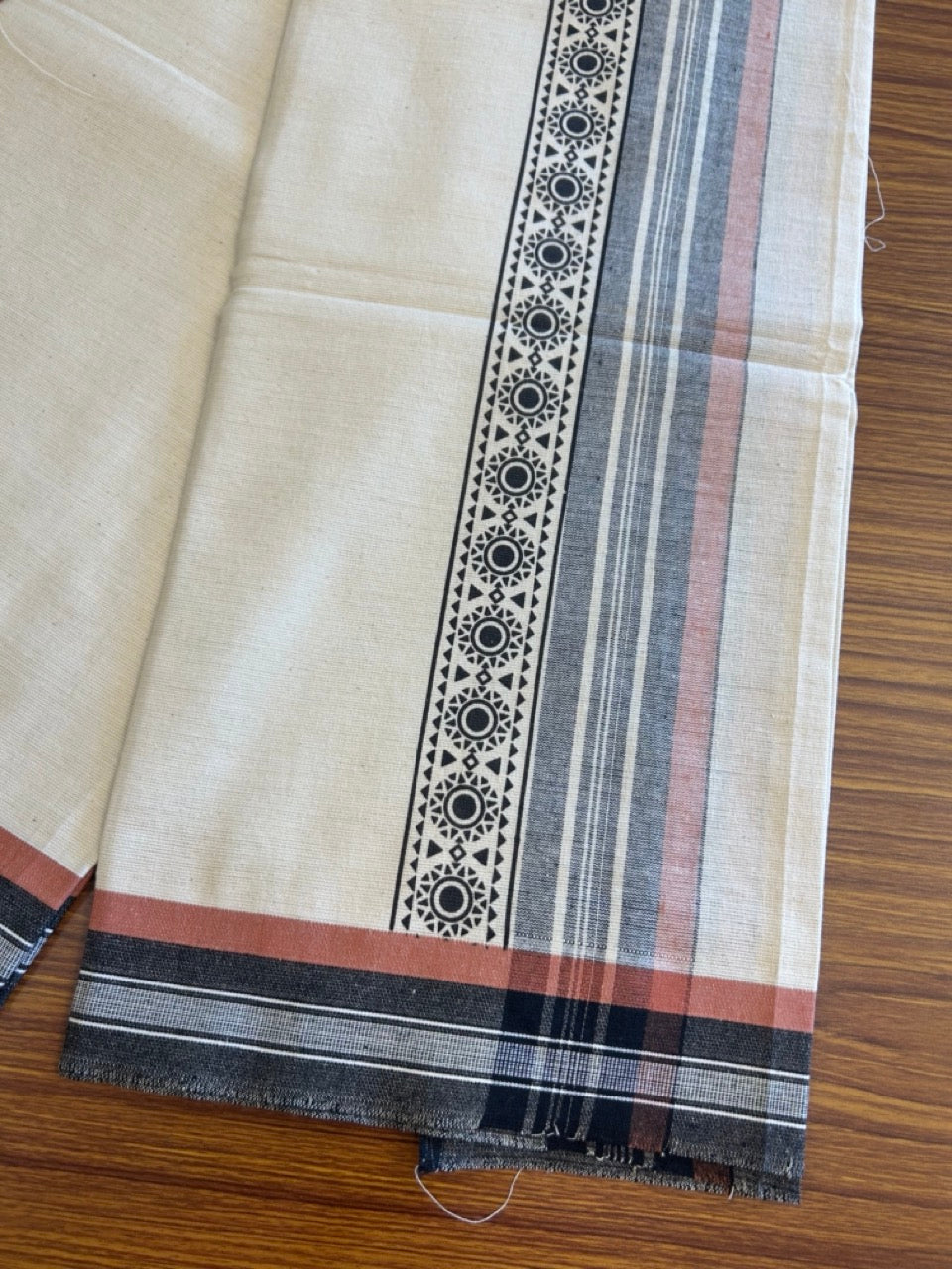 12% Discount !! Kaitharikada Pure Cotton Single OFF WHITE - (Unbleached) Kaily / Lungi - 4 inch Printed Black & Brownish Orange Striped Kuppadam kara with OFF WHITE colour body (2 meter / 4 muzham) - 5KK8009AS