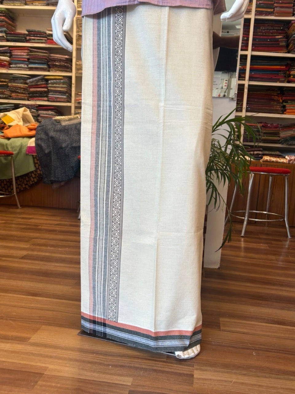 12% Discount !! Kaitharikada Pure Cotton Single OFF WHITE - (Unbleached) Kaily / Lungi - 4 inch Printed Black & Brownish Orange Striped Kuppadam kara with OFF WHITE colour body (2 meter / 4 muzham) - 6KK8009AS