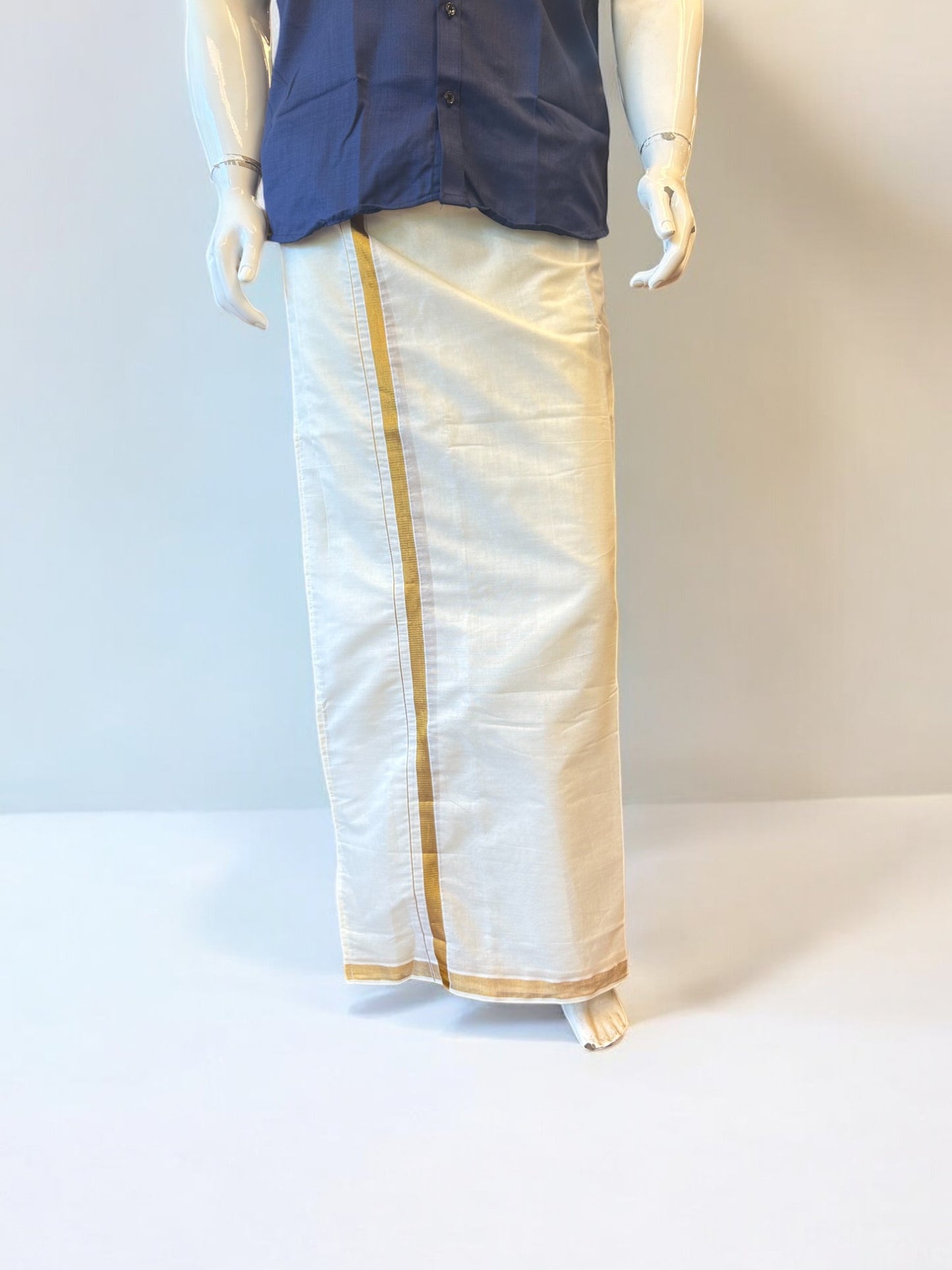 KaithariKada Balaramapuram 100% Pure Cotton SINGLE Off white VELCRO Mundu/Dhoti  - 1.5inch Gold Kasavu kara - 2KK5016KK