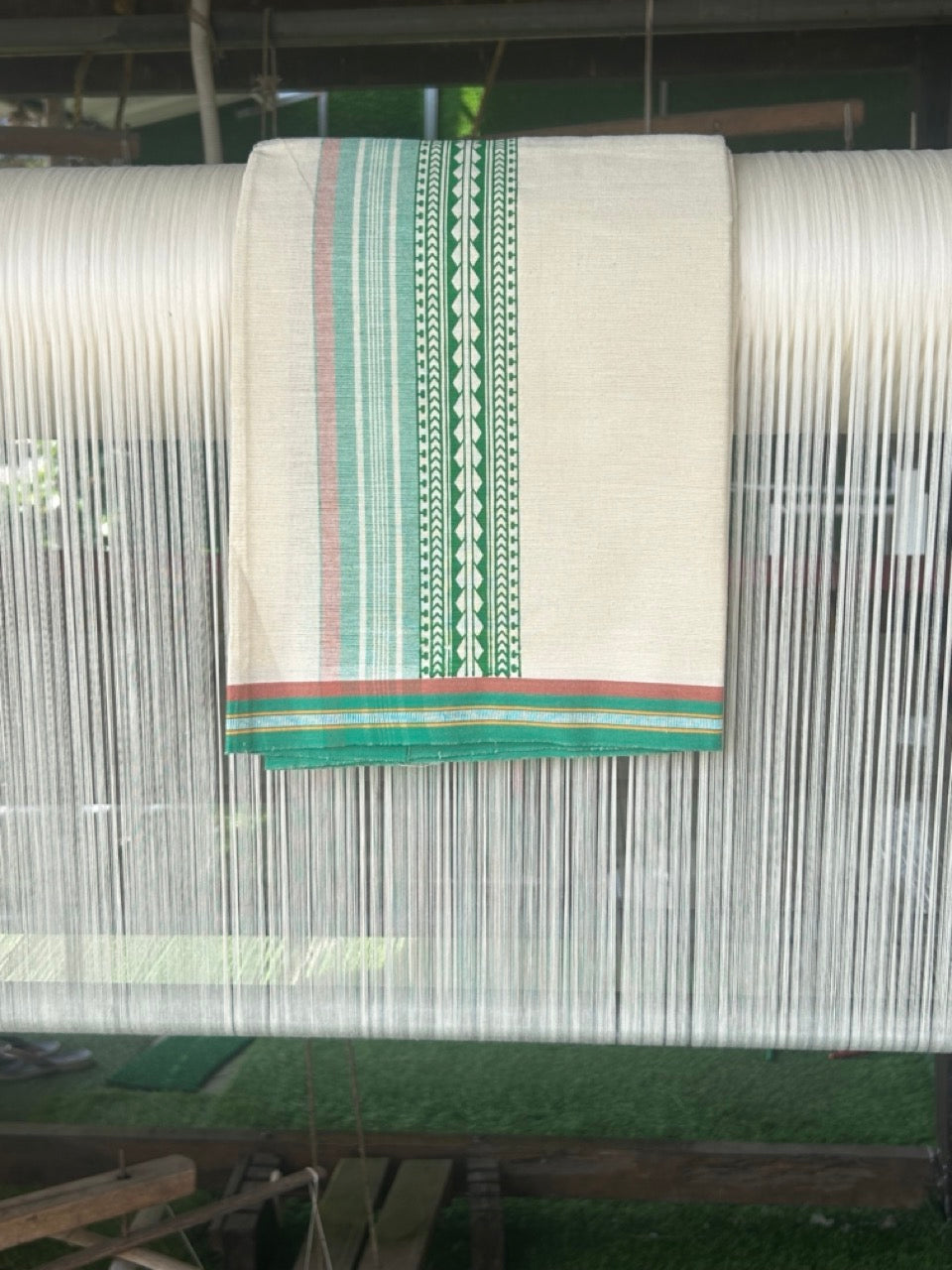 12% Discount !! Kaitharikada Pure Cotton Single OFF WHITE - (Unbleached) Kaily / Lungi - 4 inch  Light Green & Brownish Orange Striped Printed kara Kuppadam Border with OFF WHITE colour body (2 meter / 4 muzham)- 8KK8010AS