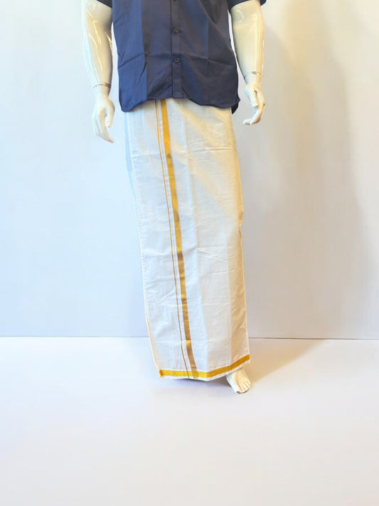 KaithariKada Balaramapuram 100% Pure Cotton SINGLE Off white VELCRO Mundu/Dhoti  - 1.5inch Gold Kasavu kara - 3KK5016KK