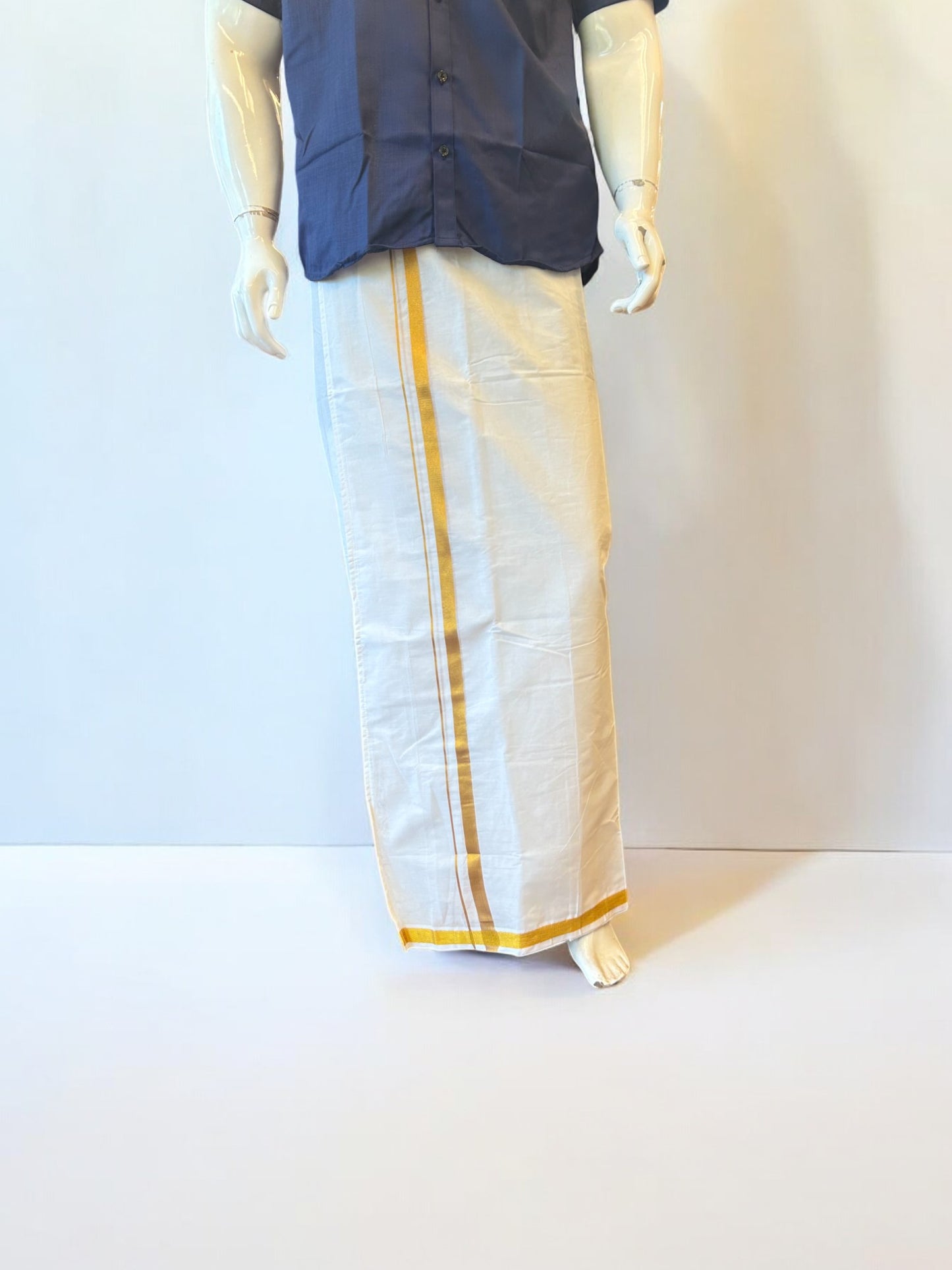 KaithariKada Balaramapuram 100% Pure Cotton SINGLE Off white VELCRO Mundu/Dhoti  - 1.5inch Gold Kasavu kara - 4KK5016KK