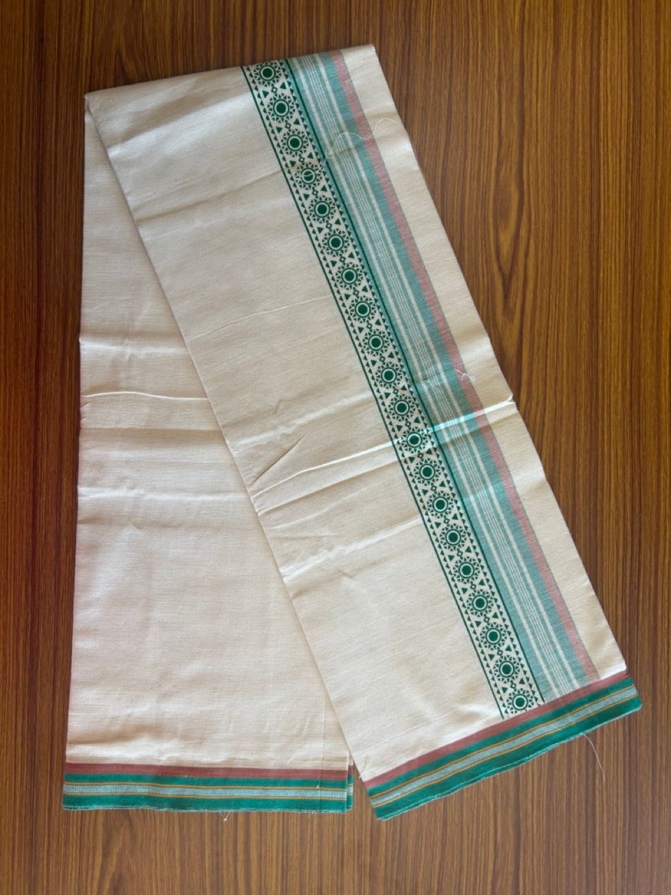 12% Discount !! Kaitharikada Pure Cotton Single OFF WHITE - (Unbleached) Kaily / Lungi - 3 inch  Light Green & Brownish Orange Striped Printed kara Kuppadam Border with OFF WHITE colour body (2 meter / 4 muzham)- 7KK8010AS