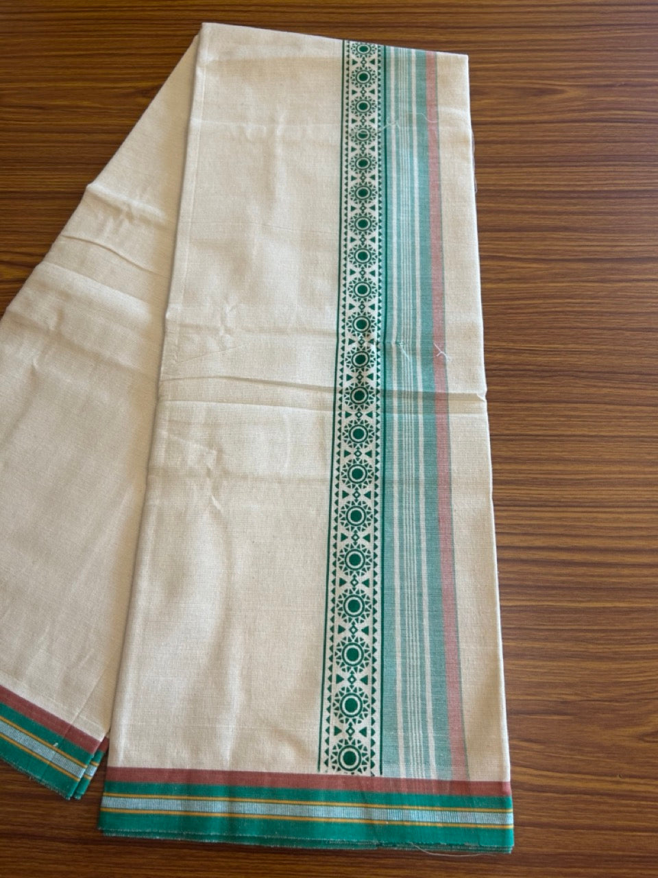 12% Discount !! Kaitharikada Pure Cotton Single OFF WHITE - (Unbleached) Kaily / Lungi - 3 inch  Light Green & Brownish Orange Striped Printed kara Kuppadam Border with OFF WHITE colour body (2 meter / 4 muzham)- 7KK8010AS