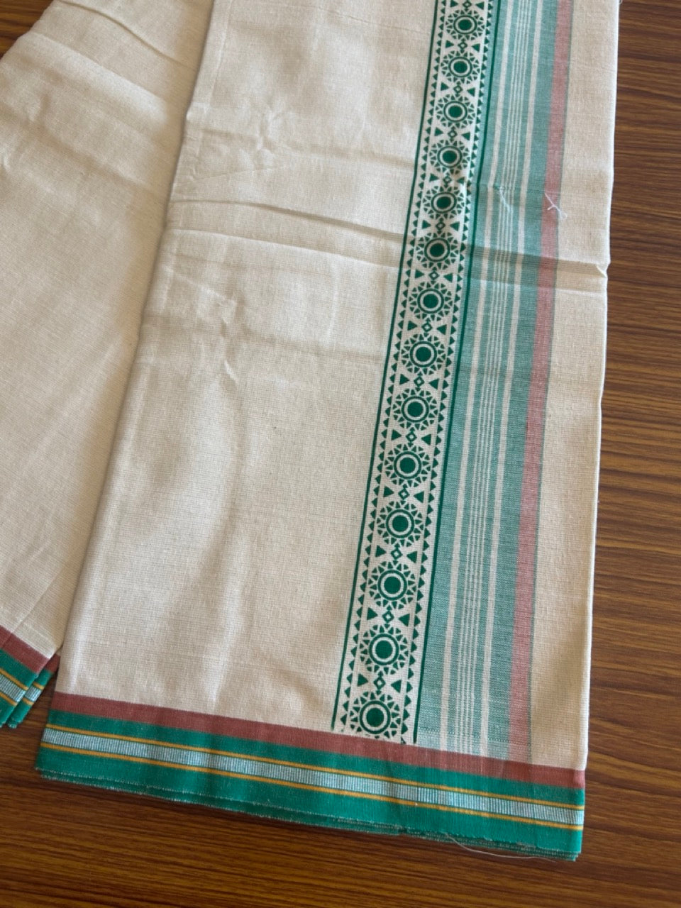 12% Discount !! Kaitharikada Pure Cotton Single OFF WHITE - (Unbleached) Kaily / Lungi - 3 inch  Light Green & Brownish Orange Striped Printed kara Kuppadam Border with OFF WHITE colour body (2 meter / 4 muzham)- 7KK8010AS