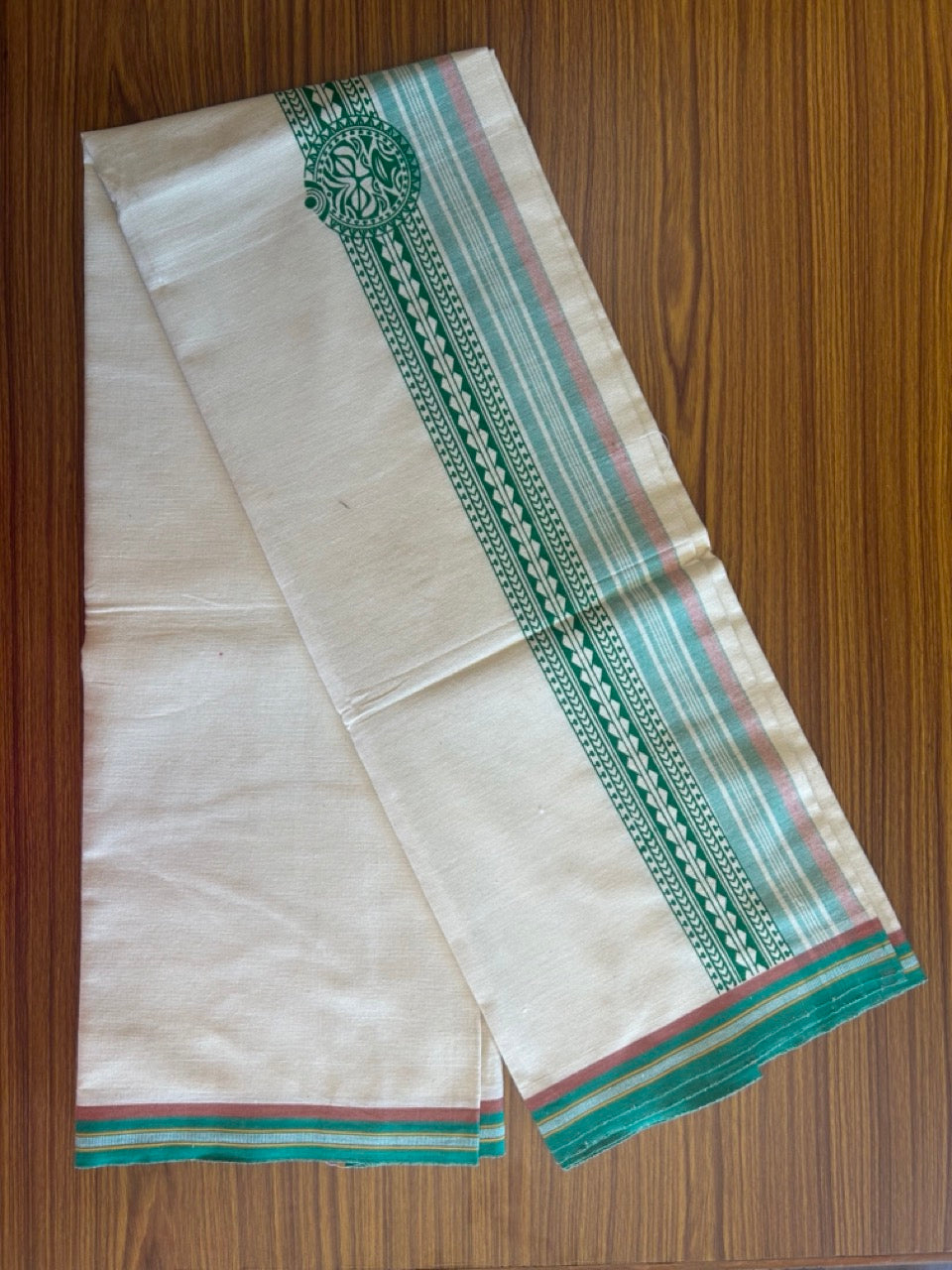 12% Discount !! Kaitharikada Pure Cotton Single OFF WHITE - (Unbleached) Kaily / Lungi - 4 inch  Light Green & Brownish Orange Striped Printed kara Kuppadam Border with OFF WHITE colour body (2 meter / 4 muzham)- 8KK8010AS