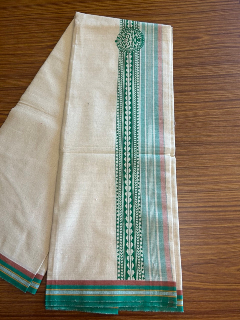 12% Discount !! Kaitharikada Pure Cotton Single OFF WHITE - (Unbleached) Kaily / Lungi - 4 inch  Light Green & Brownish Orange Striped Printed kara Kuppadam Border with OFF WHITE colour body (2 meter / 4 muzham)- 8KK8010AS