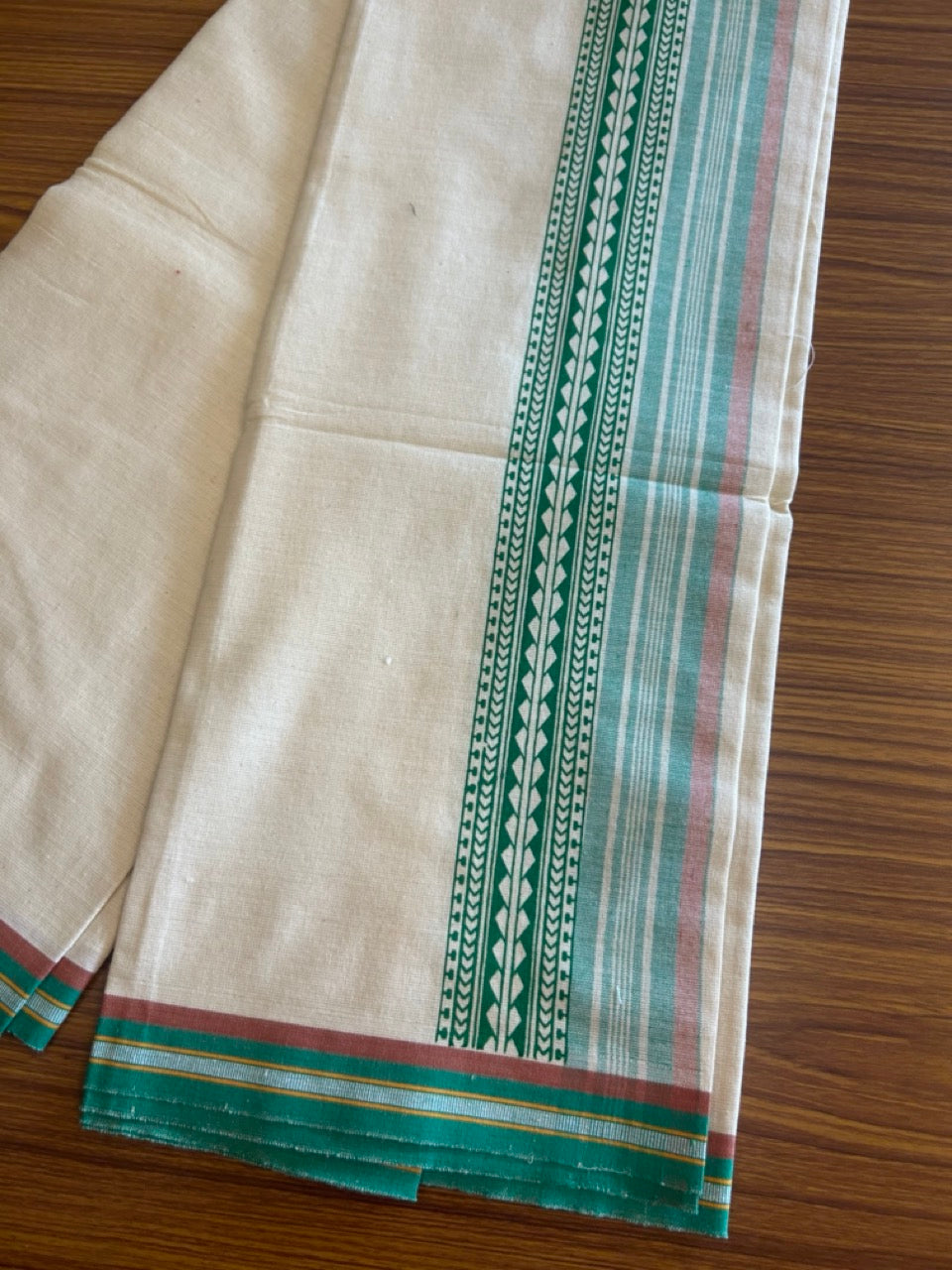 12% Discount !! Kaitharikada Pure Cotton Single OFF WHITE - (Unbleached) Kaily / Lungi - 4 inch  Light Green & Brownish Orange Striped Printed kara Kuppadam Border with OFF WHITE colour body (2 meter / 4 muzham)- 8KK8010AS