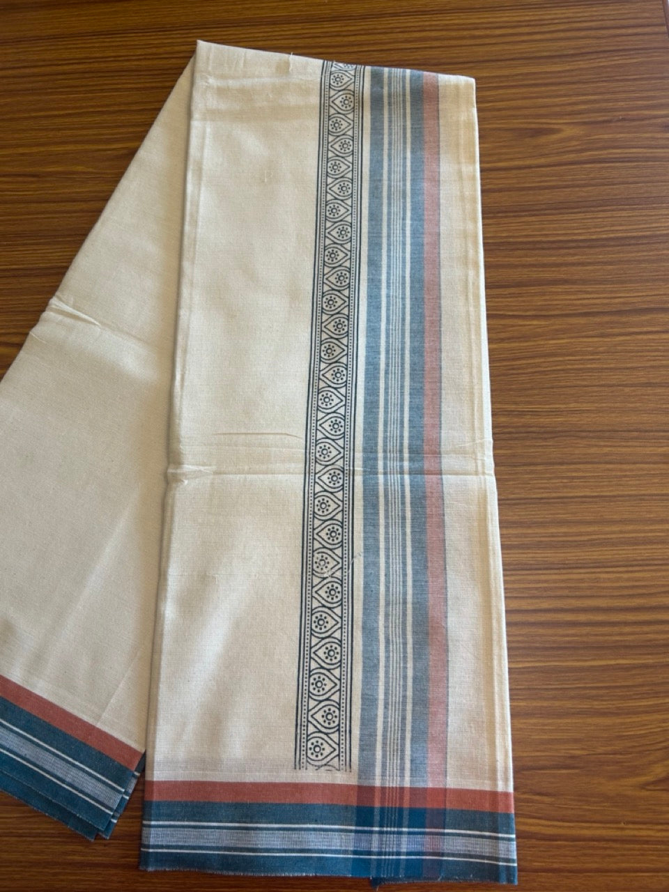 12% Discount !! Kaitharikada Pure Cotton Single OFF WHITE - (Unbleached) Kaily / Lungi - 3.75 inch  Peacock green & Brownish Orange Striped Dark green Printed kara Kuppadam Border with OFF WHITE colour body (2 meter / 4 muzham)- 4KK8010AS