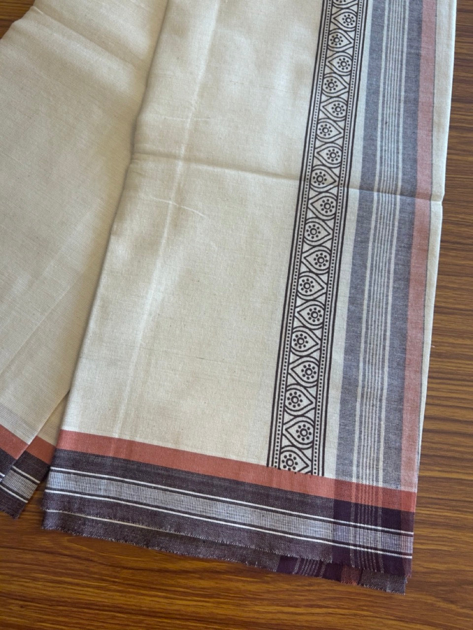 12% Discount !! Kaitharikada Pure Cotton Single OFF WHITE - (Unbleached) Kaily / Lungi - 3.75 inch  Brown & Brownish Orange Striped Printed kara Kuppadam Border with OFF WHITE colour body (2 meter / 4 muzham)- 10KK8010AS