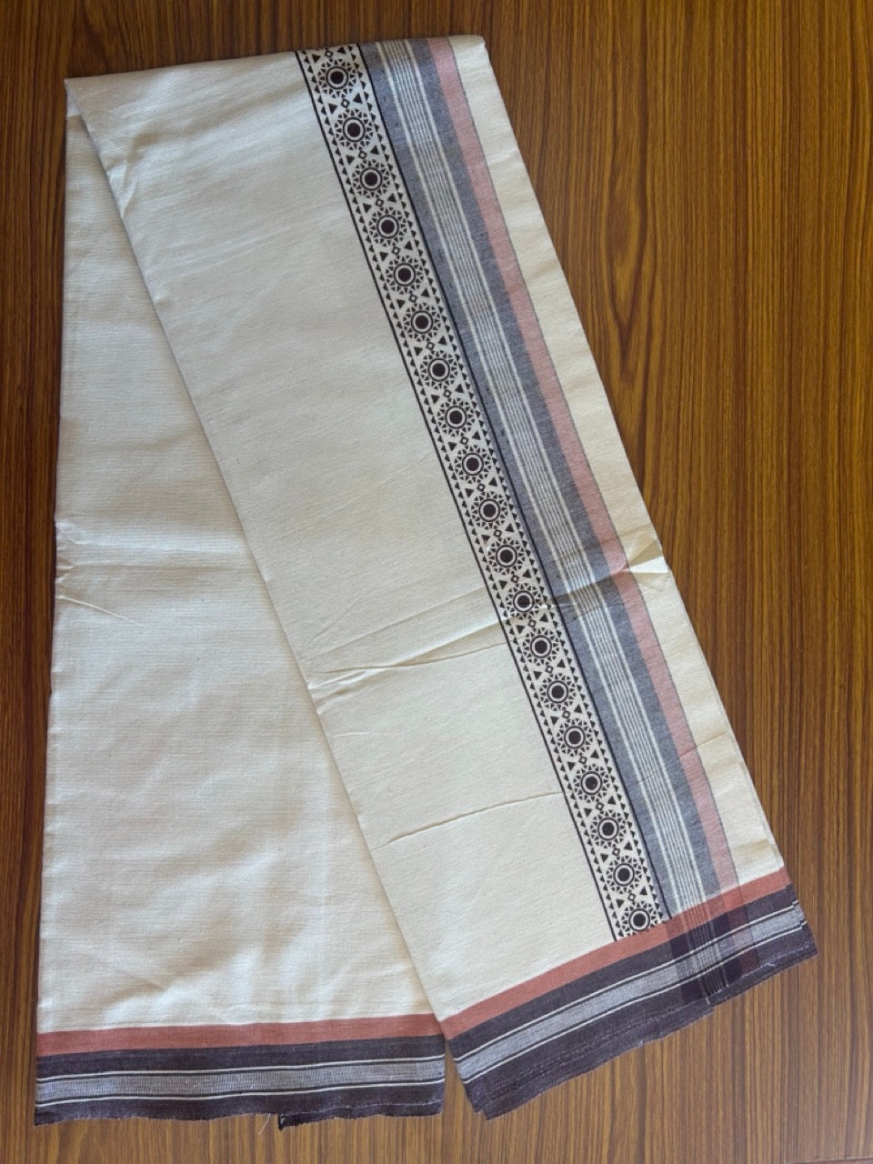 12% Discount !! Kaitharikada Pure Cotton Single OFF WHITE - (Unbleached) Kaily / Lungi - 3.75 inch  Brown & Brownish Orange Striped Printed kara Kuppadam Border with OFF WHITE colour body (2 meter / 4 muzham)- 9KK8010AS