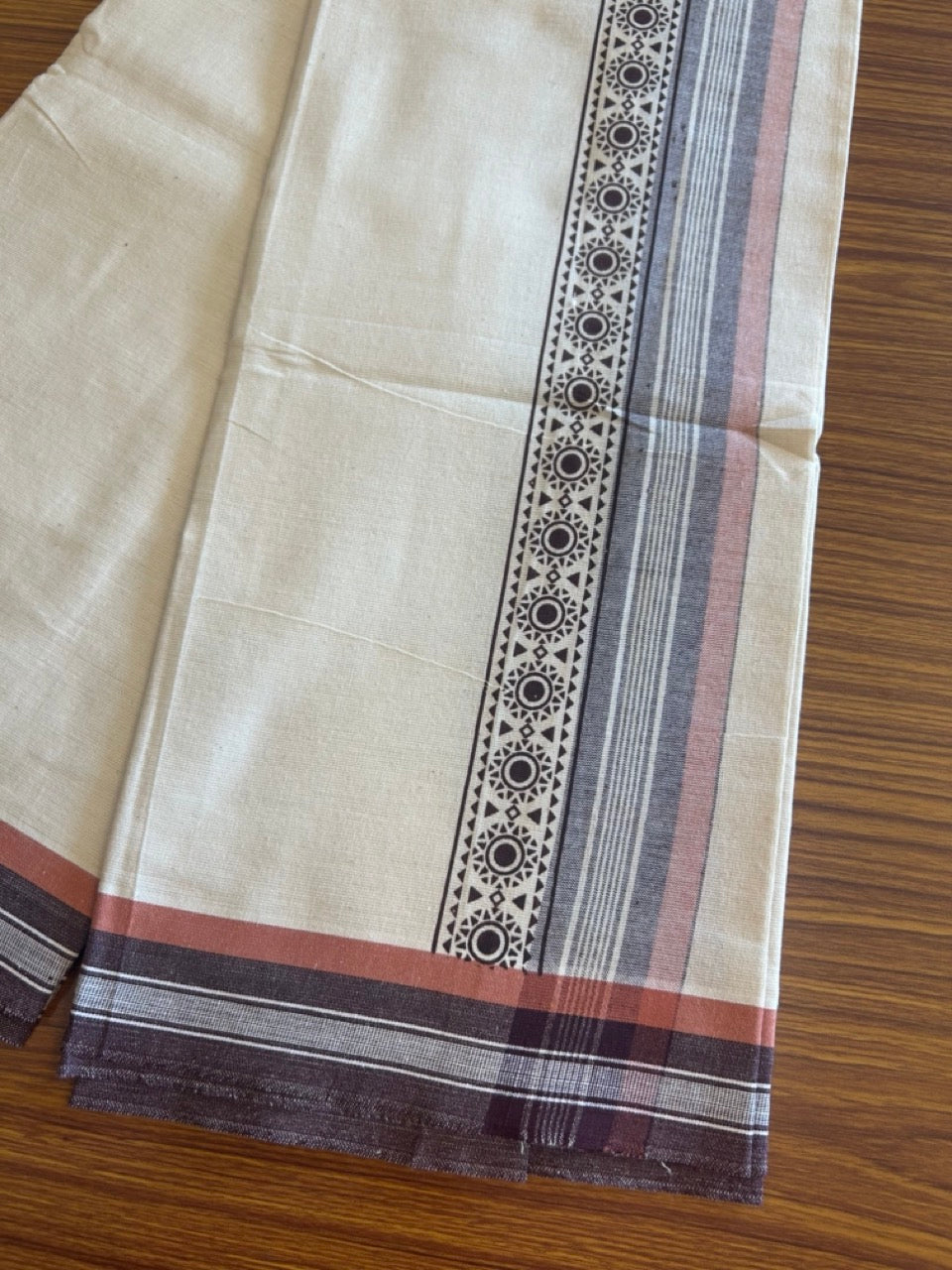 12% Discount !! Kaitharikada Pure Cotton Single OFF WHITE - (Unbleached) Kaily / Lungi - 3.75 inch  Brown & Brownish Orange Striped Printed kara Kuppadam Border with OFF WHITE colour body (2 meter / 4 muzham)- 9KK8010AS