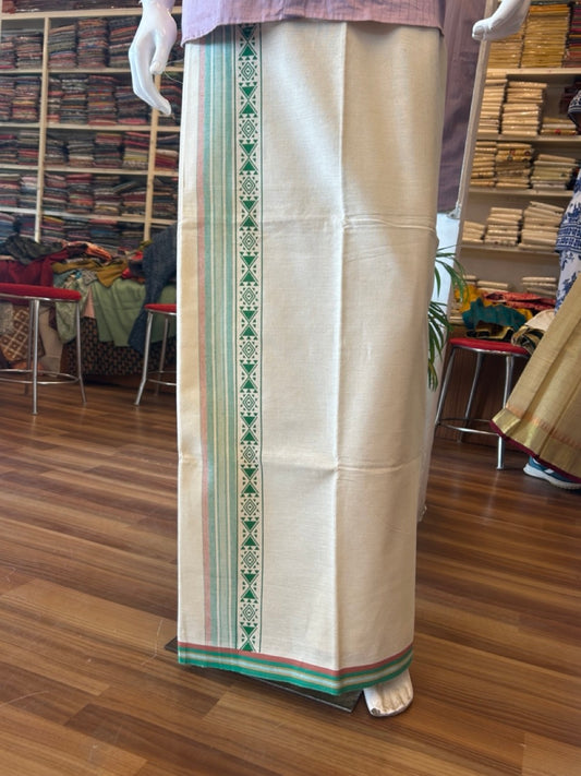 12% Discount !! Kaitharikada Pure Cotton Single OFF WHITE - (Unbleached) Kaily / Lungi - 3.5 inch  Light Green & Brownish Orange Striped Printed kara Kuppadam Border with OFF WHITE colour body (2 meter / 4 muzham)- 6KK8010AS