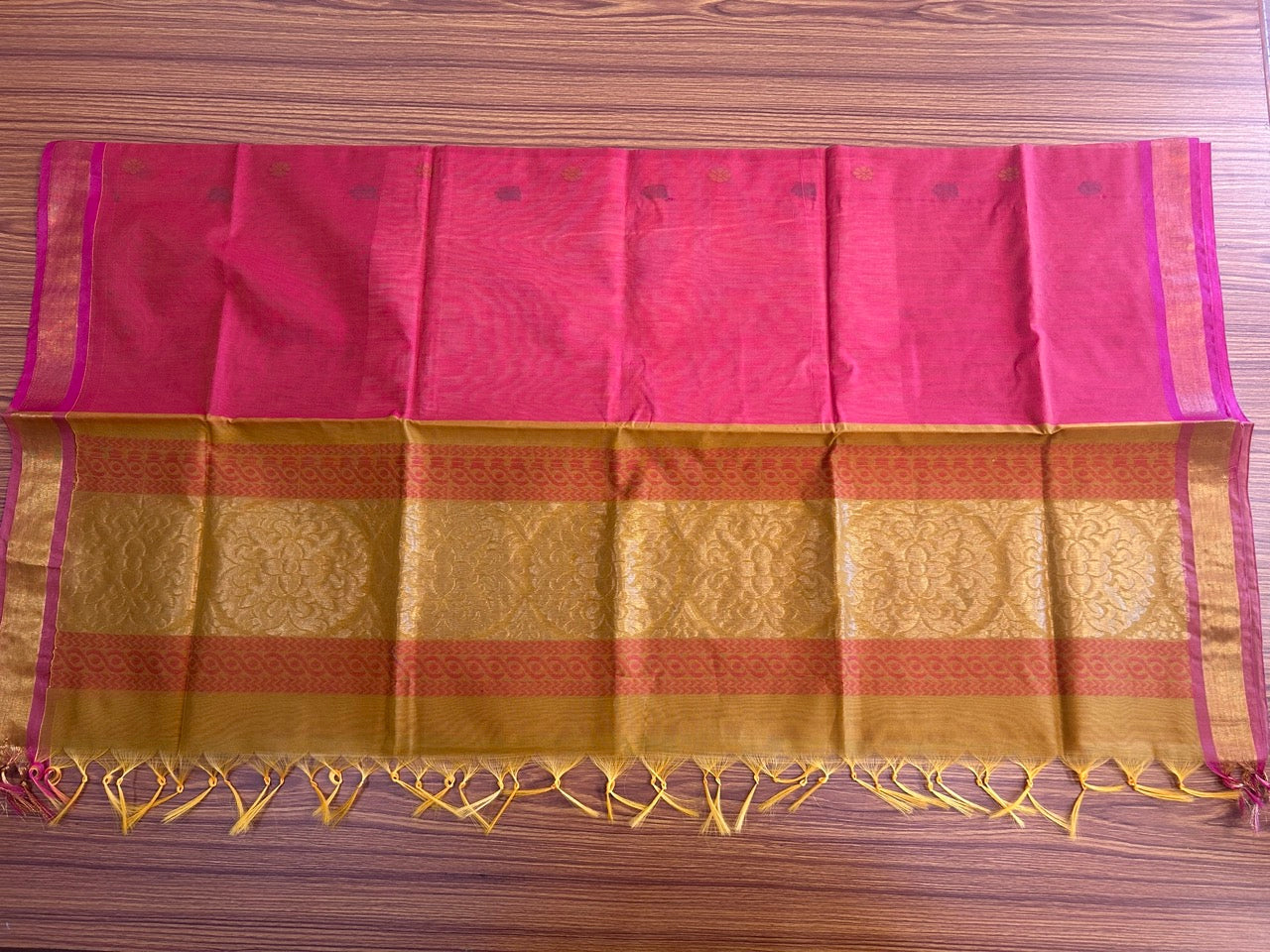 Kaitharikada Traditional Kerala Style - COTTON SILK Churidar Suit Material - Dark Yellow , Magenta kasav Design - 11KK4003KHA