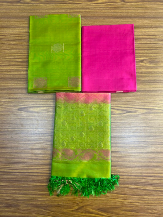 Kaitharikada Traditional Kerala Style - PURE SILK Churidar Suit Material - Sap Green & Magenta kasav Design - 12KK4003KHA