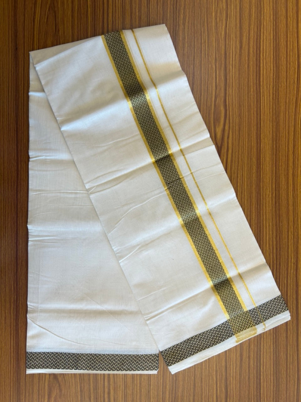 30% Discount!!! KaithariKada HANDLOOM UNAKKUPAAV Balaramapuram - 100% PURE Cotton off white (Unbleached) 100x100 - Double Mundu/Dhoti - 2.75 inch Kasavu & brown pattern kara - 9KK5096YAR