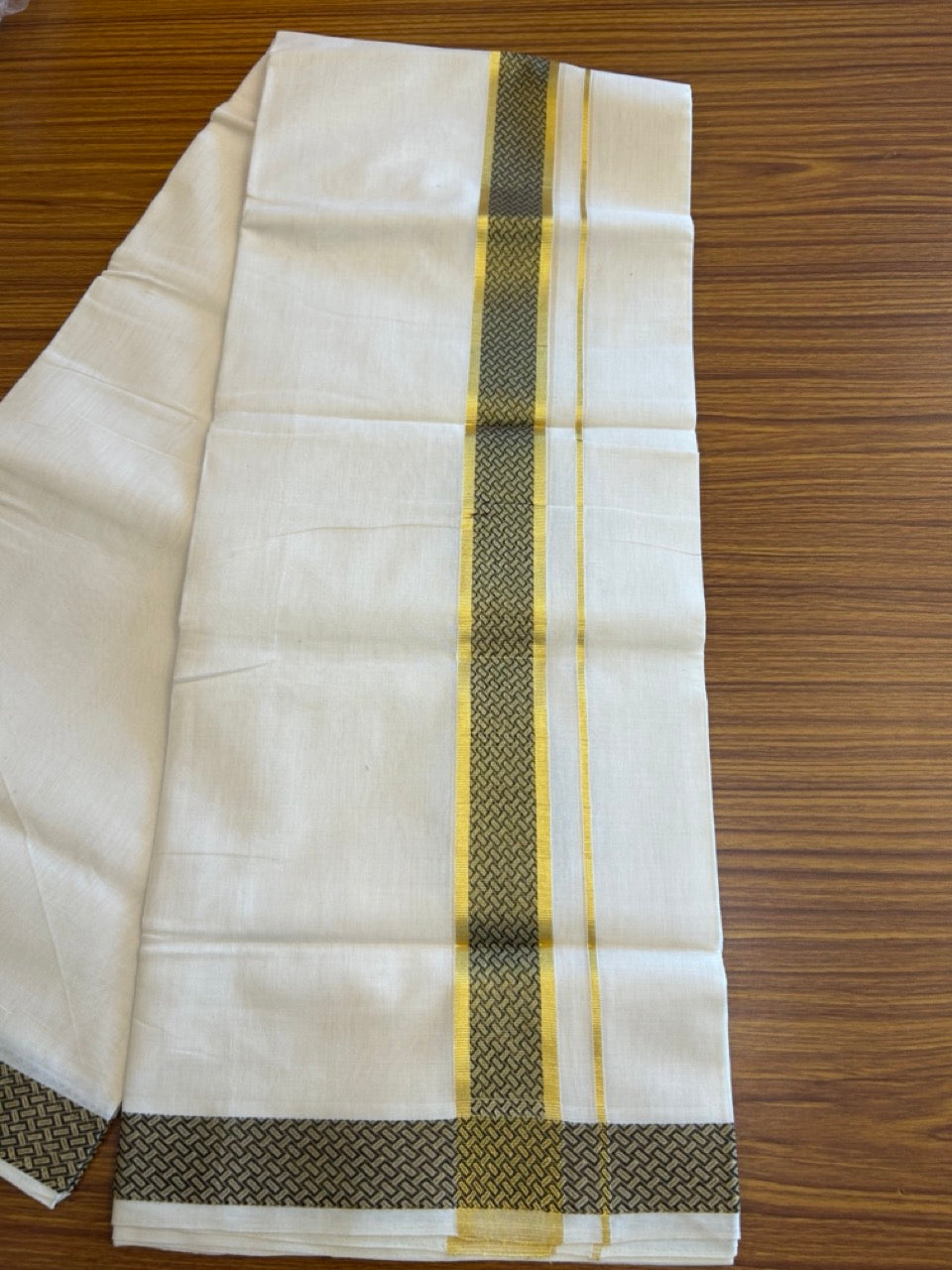 30% Discount!!! KaithariKada HANDLOOM UNAKKUPAAV Balaramapuram - 100% PURE Cotton off white (Unbleached) 100x100 - Double Mundu/Dhoti - 2.75 inch Kasavu & brown pattern kara - 9KK5096YAR