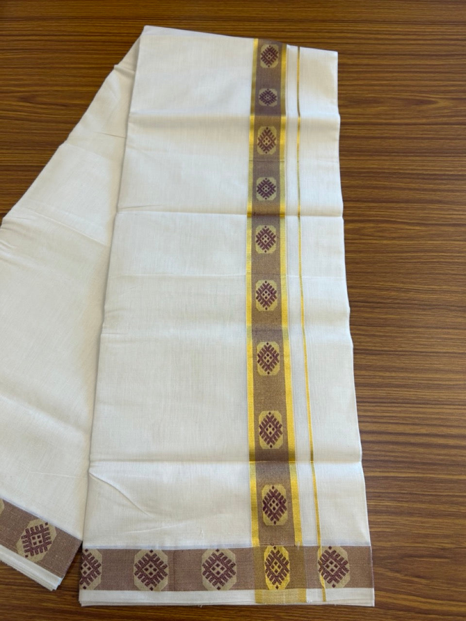 30% Discount!!! KaithariKada HANDLOOM UNAKKUPAAV Balaramapuram - 100% PURE Cotton off white (Unbleached) 100x100 - Double Mundu/Dhoti - 2.75 inch Kasavu & Wine Purple pattern kara - 11KK5096YAR