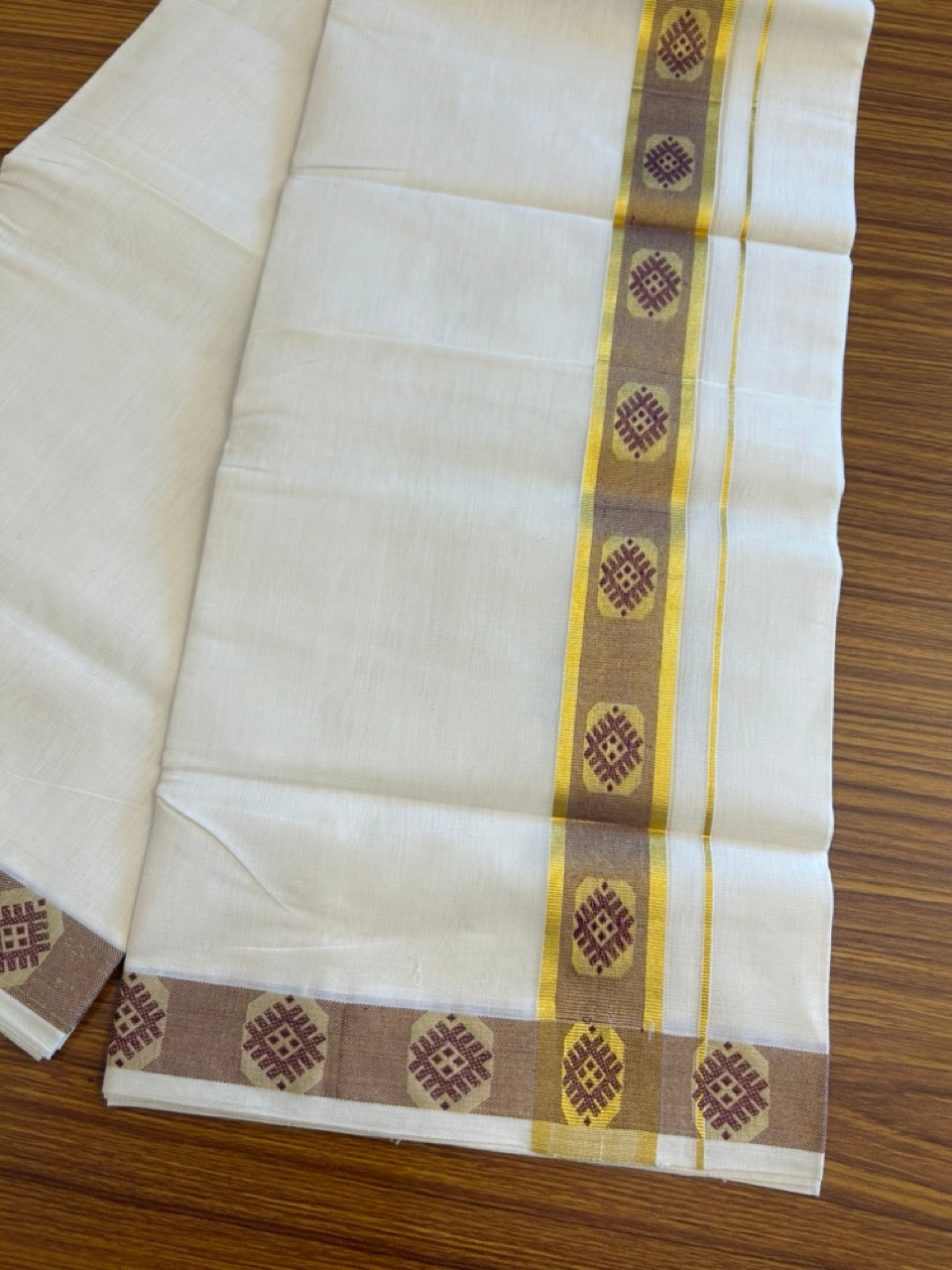 30% Discount!!! KaithariKada HANDLOOM UNAKKUPAAV Balaramapuram - 100% PURE Cotton off white (Unbleached) 100x100 - Double Mundu/Dhoti - 2.75 inch Kasavu & Wine Purple pattern kara - 11KK5096YAR