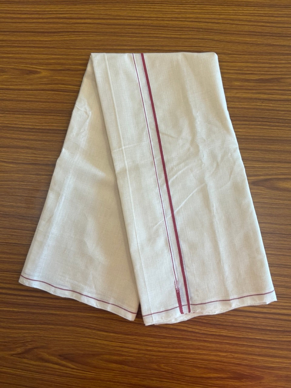 KaithariKada HANDLOOM UNAKKUPAAV Balaramapuram - 100% PURE Cotton Off White  (Unbleached) Neriyath - 0.5 cm Pink Red Kara - 3KK5100ELA