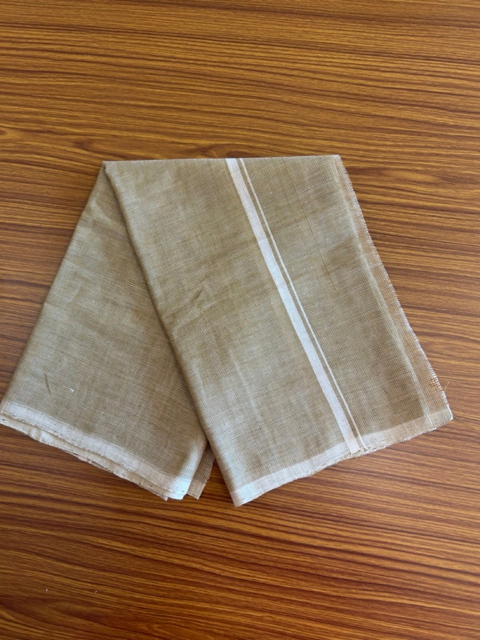 Kaitharikada - HANDLOOM Pure Cotton Kerala Towel - Thorthu - Light Brown Body & White kara - 5KK481ELA