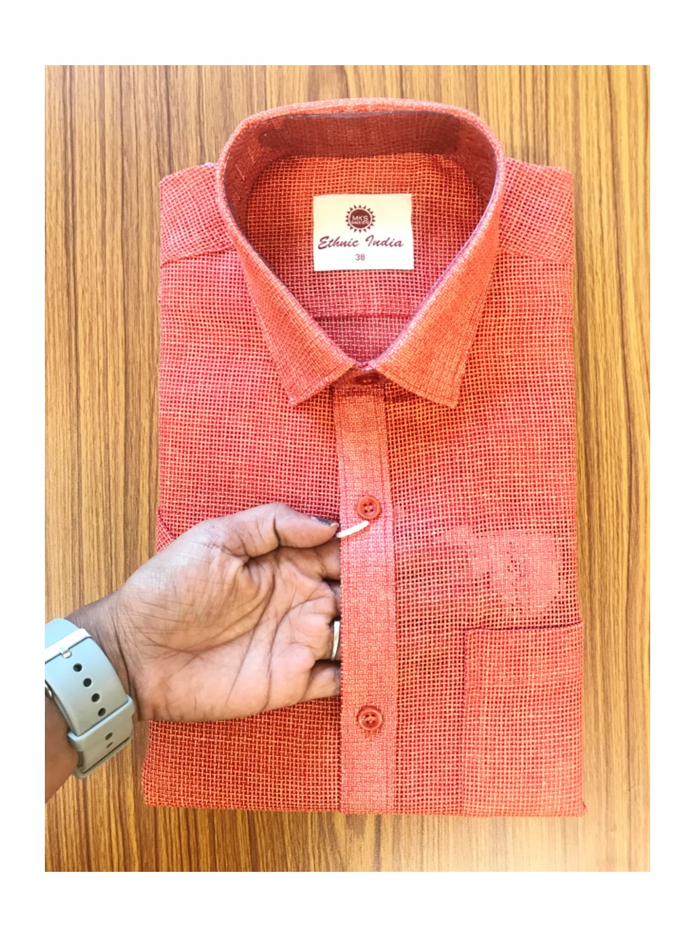 Kaitharikada- 100% JUTE ORANGE RED . ETHINIC INDIA HALF Sleeve-26