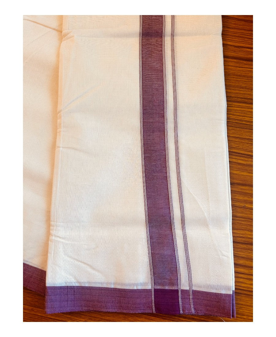 NEW !! 14% DISCOUNT!! KaithariKada Balaramapuram 100% Cotton Double Off white Mundu/Dhoti-100x80 -  1 inch PURPLE ,VIOLET KARA.